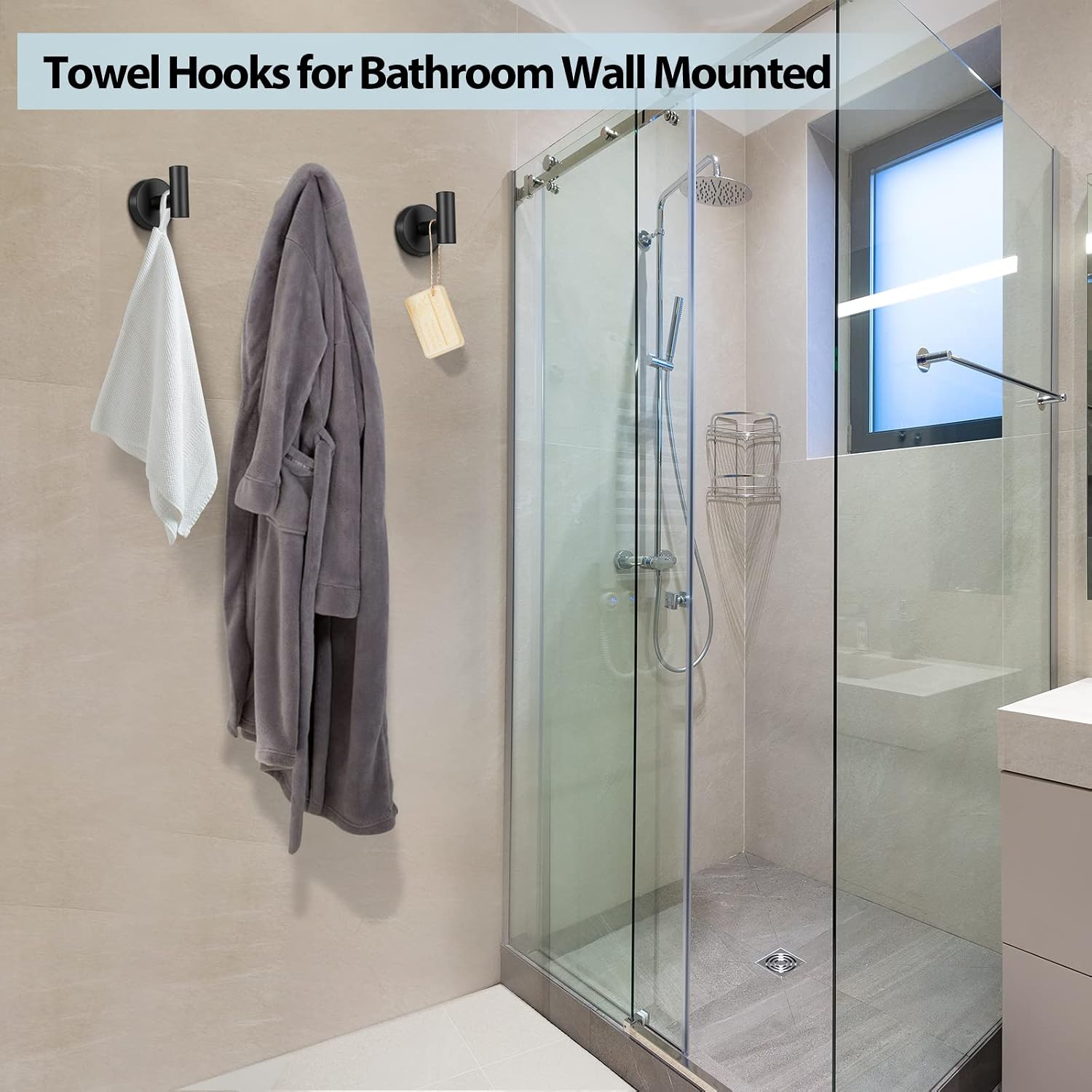 Kruodop Towel Hooks for Bathroom.2 Packs Wall Mount Towel Holder.Black Matte Wall Robe Hook.Stainless Steel Heavy Duty Door Hanger Towel Hook for Kitchen. Bedroom.Hotel.Pool.Coats(Drilling) - Image 5