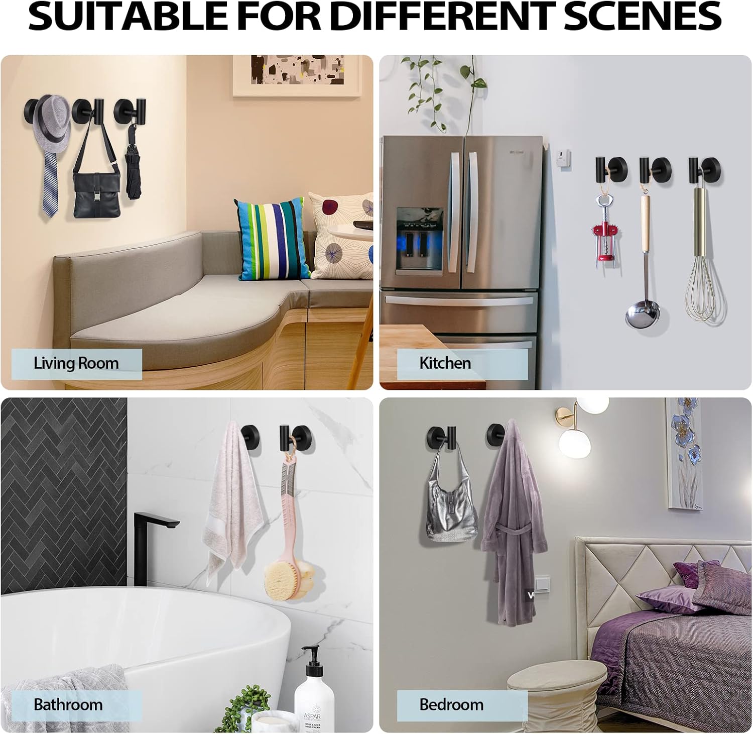 Kruodop Towel Hooks for Bathroom.2 Packs Wall Mount Towel Holder.Black Matte Wall Robe Hook.Stainless Steel Heavy Duty Door Hanger Towel Hook for Kitchen. Bedroom.Hotel.Pool.Coats(Drilling) - Image 7